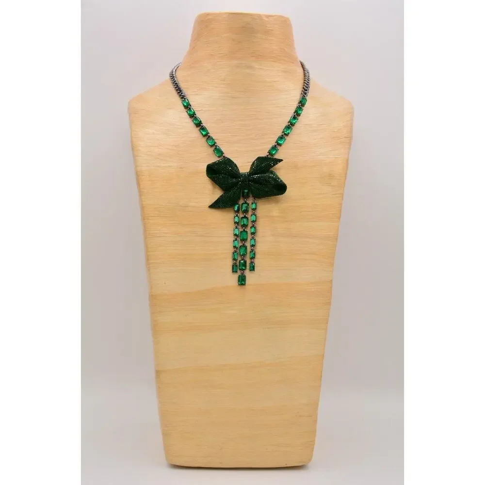Betsey Johnson Green Christmas Bow Necklace Baguette Crystal Holiday NWT BinBJ